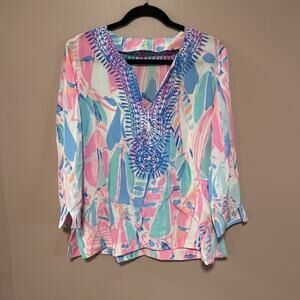 Lilly Pulitzer Out to Sea 100% Silk Amelia Shirt Blouse Top Sailboats Colorful M